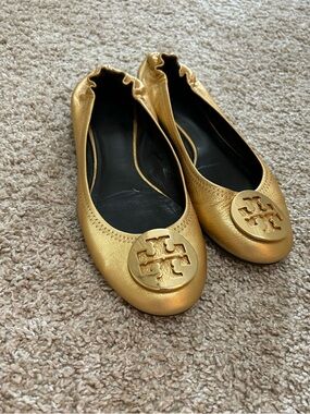 Tory Burch Reva  Metallic Gold Logo Ballet Flats